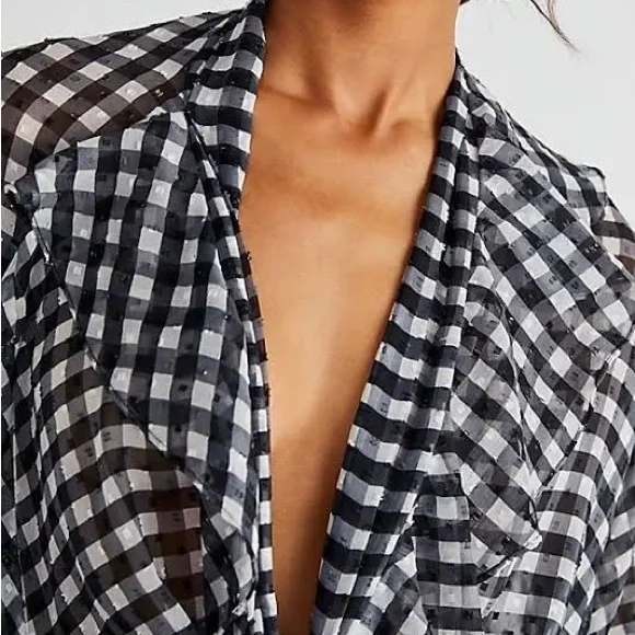 Free People Picnic Plaid Tie Front Gingham Ruffle Top Black‎ White OS NWT - Picture 3 of 7